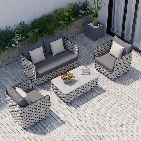 4 Pieces Woven Rope Outdoor Sofa Set - with Faux Marble Table