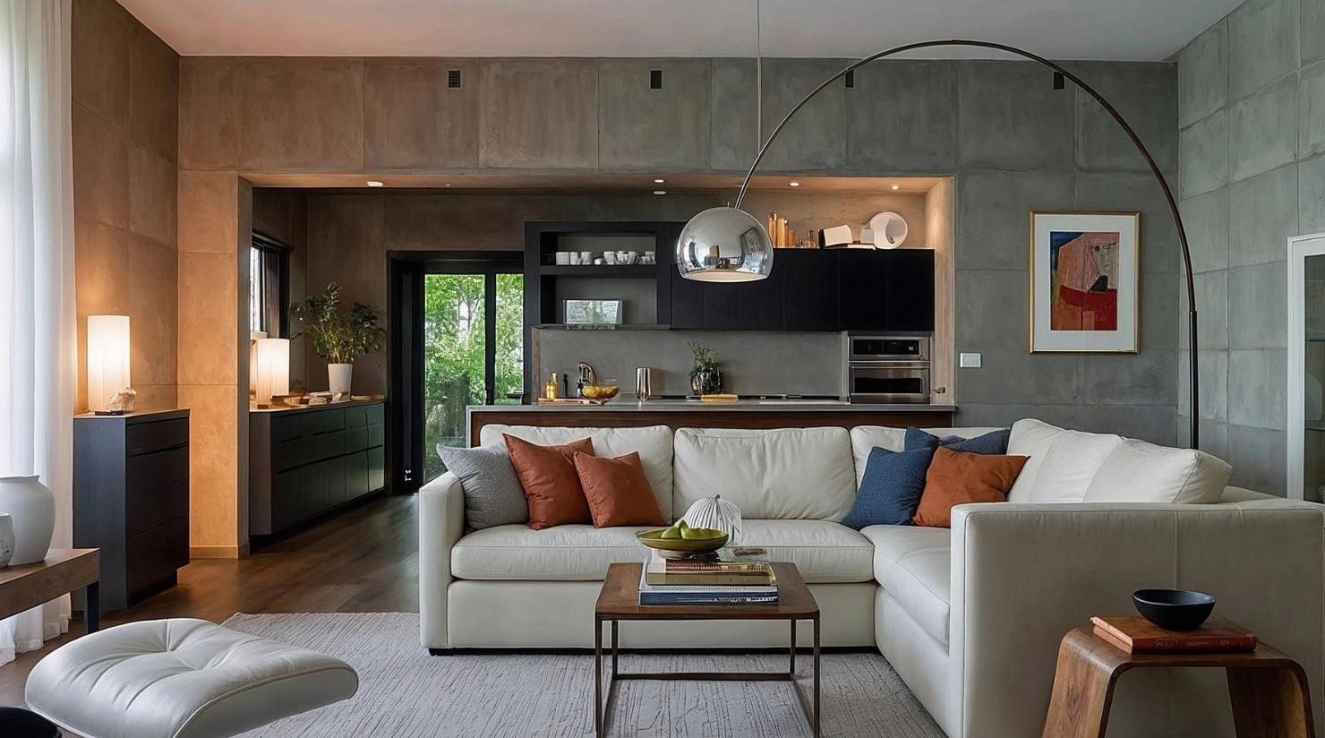 An image of a modern living room design with multiple layered lighting for warmth and flexibility