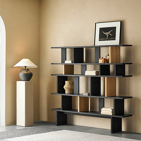 Japanese Style Black Oak Geometric Bookshelf