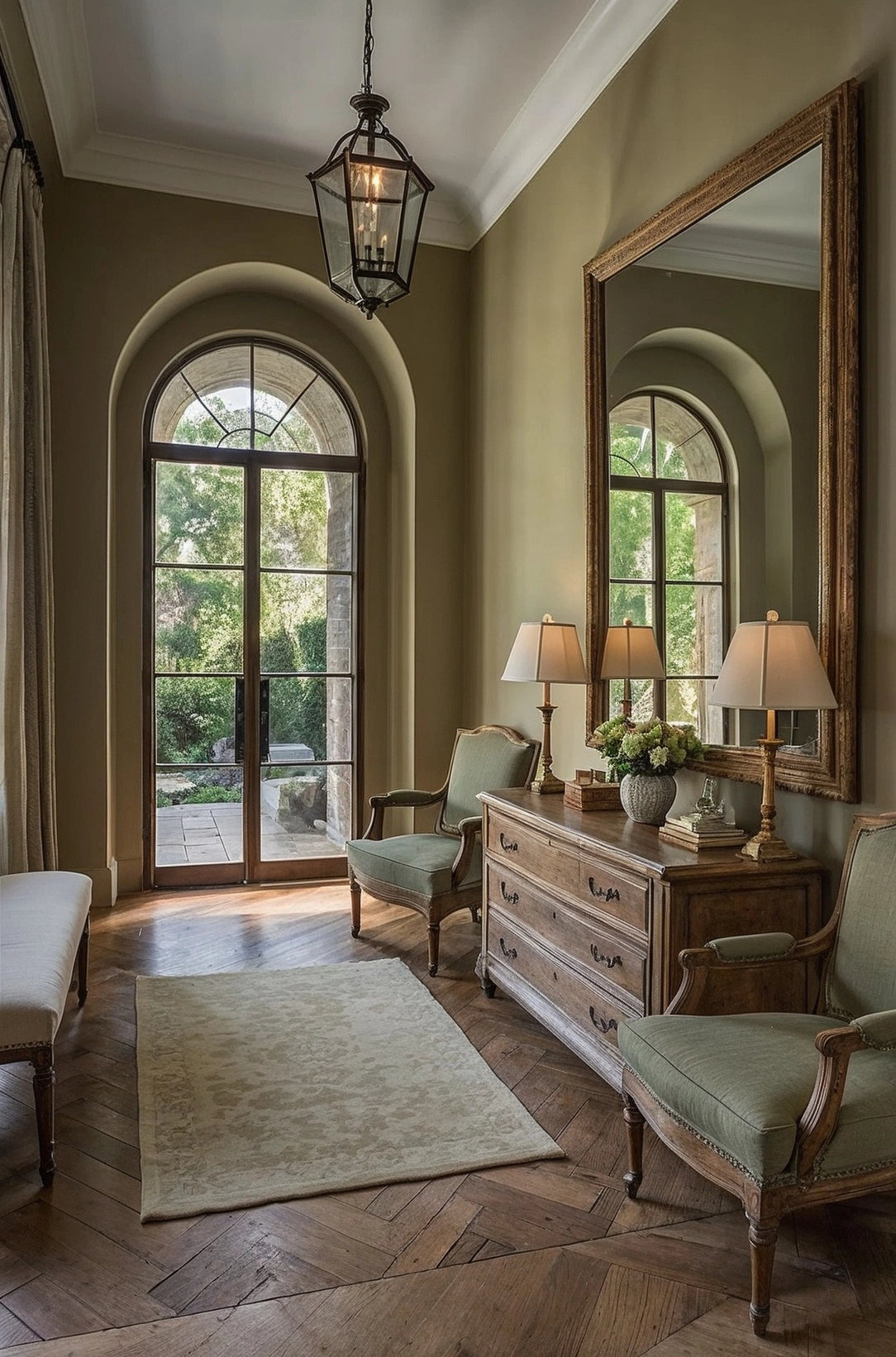 A statement mirror hangs above a wooden console table in a bright and airy hallway, adding both depth and light to this stylish entryway decor.