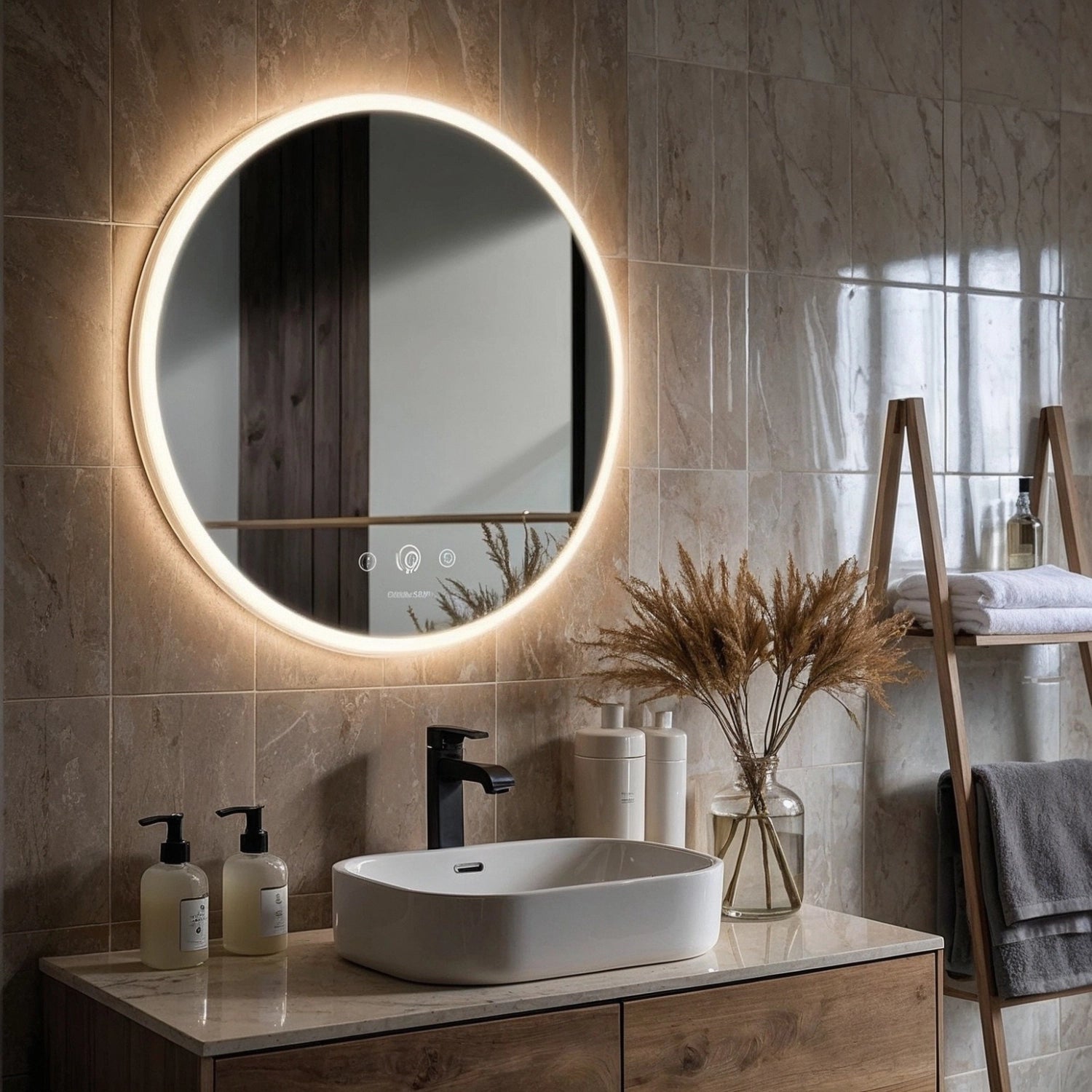 A modern bathroom vanity features a round backlit smart mirror, a sleek white vessel sink with a matte black faucet, and natural accents like dried pampas grass and wood finishes.