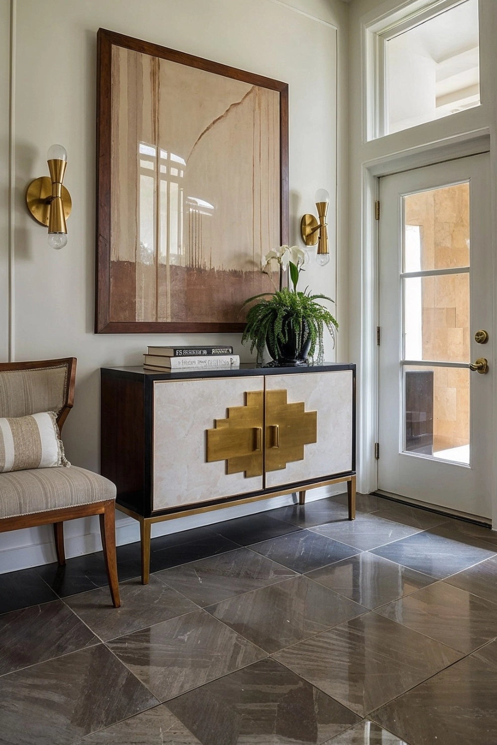 An image of a pair of retro sconces on the wall in a mid-century modern entryway
