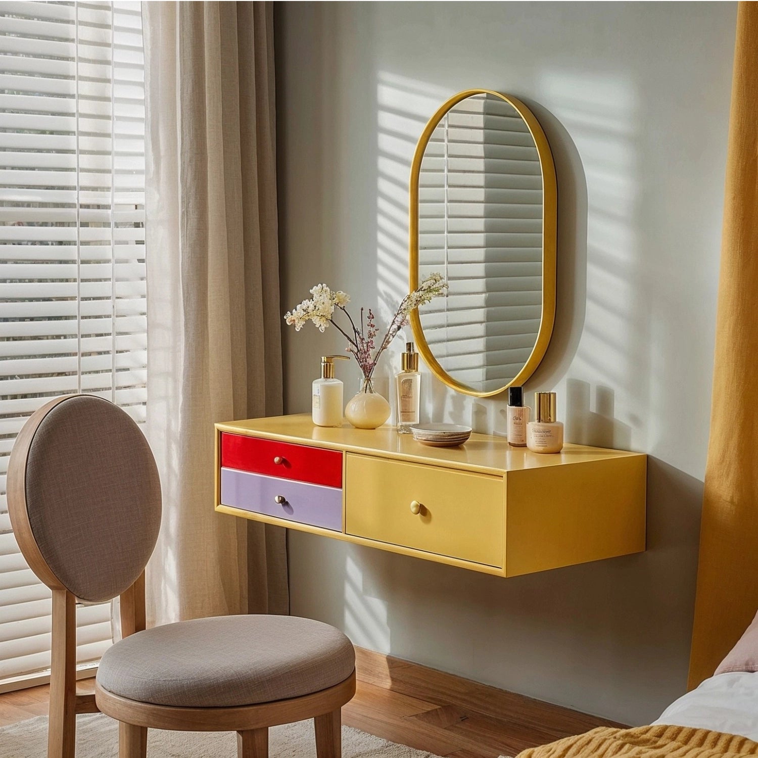 A wall-mounted compact vanity with vertical storage and colorful tones brings smart, minimalist makeup vanity ideas to tiny rooms.