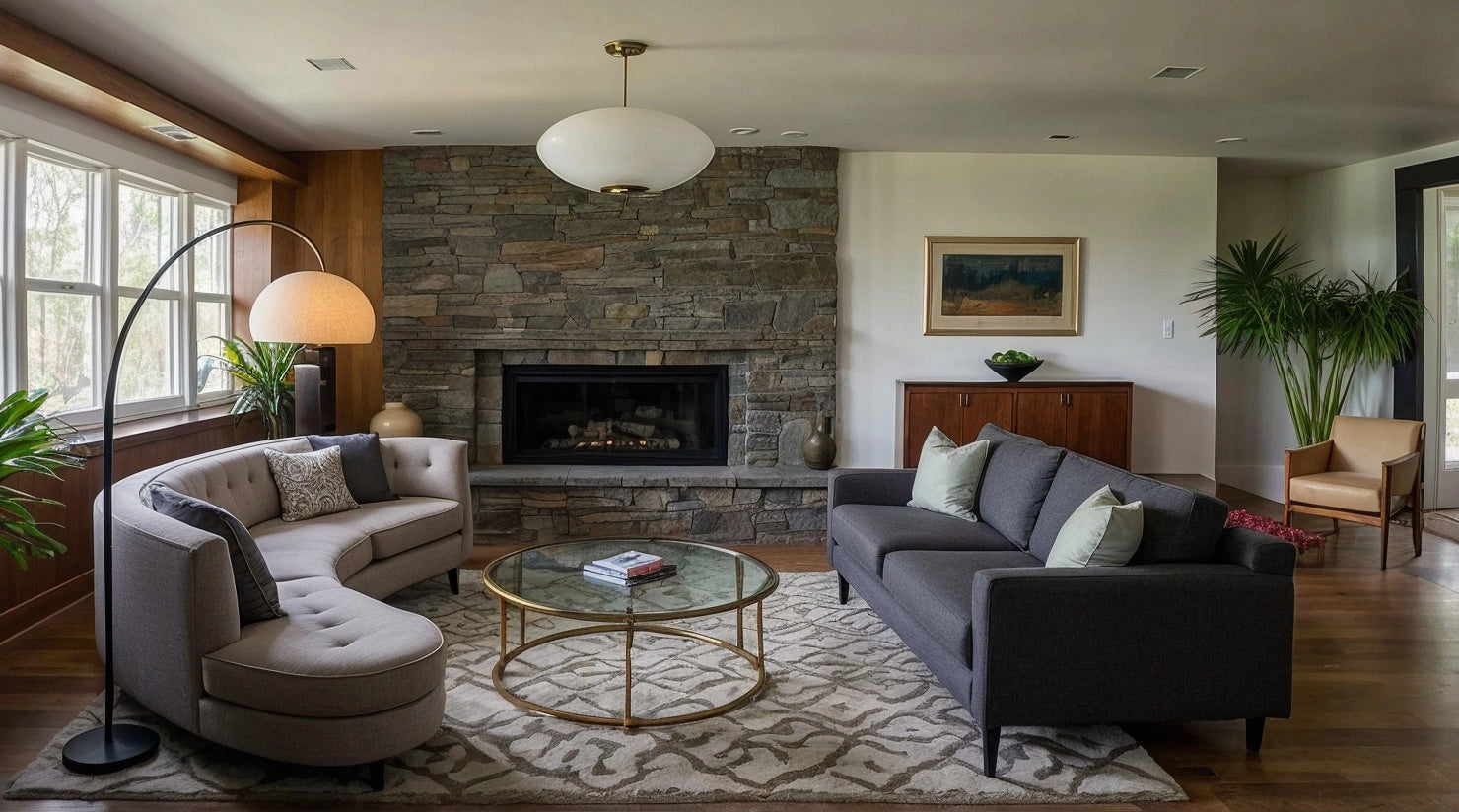 An image of pairing round tables with angular sofas in a modern living room setting
