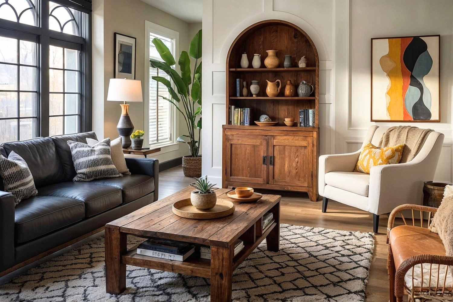 Rustic solid wood coffee table in warm transitional living room charmydecor
