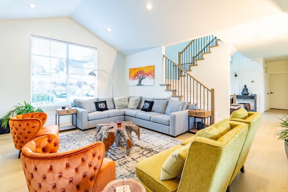 Burnt Orange and Mustard Yellow sofa in a living room