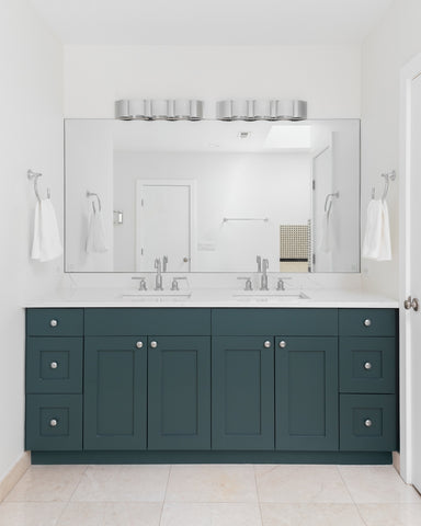 A green Perfect bathroom vanity with a mirror