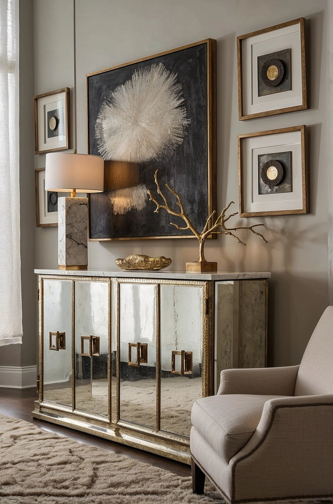 An image of a modern living room decor with reflective accents