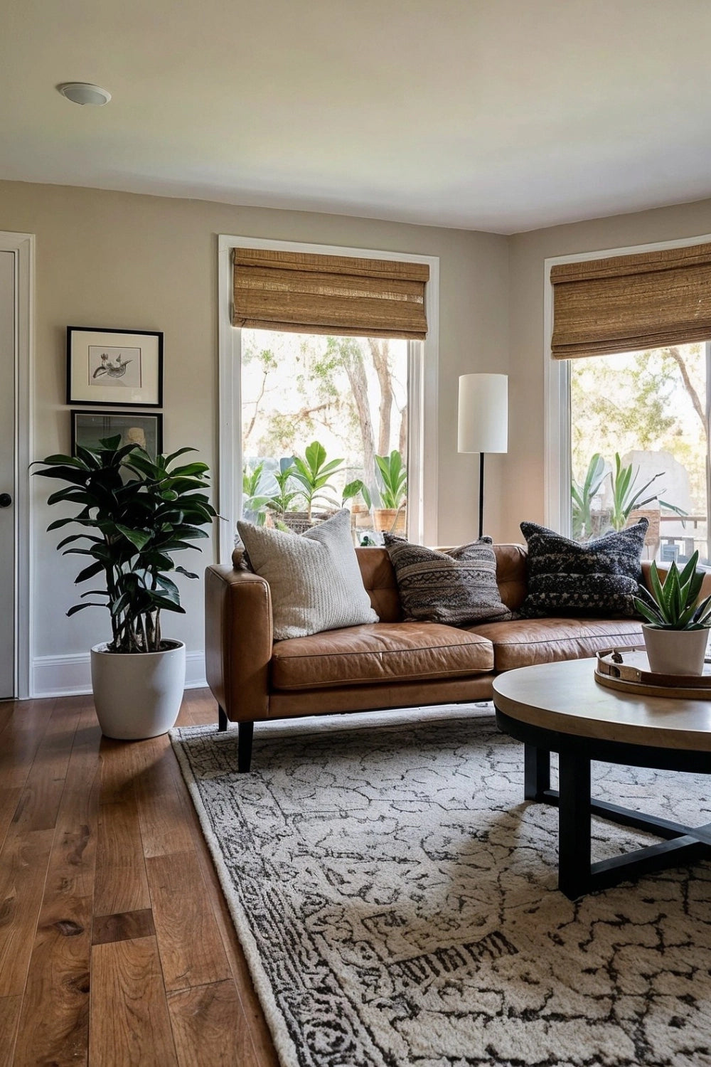 An image of a modern living room, designed with large windows