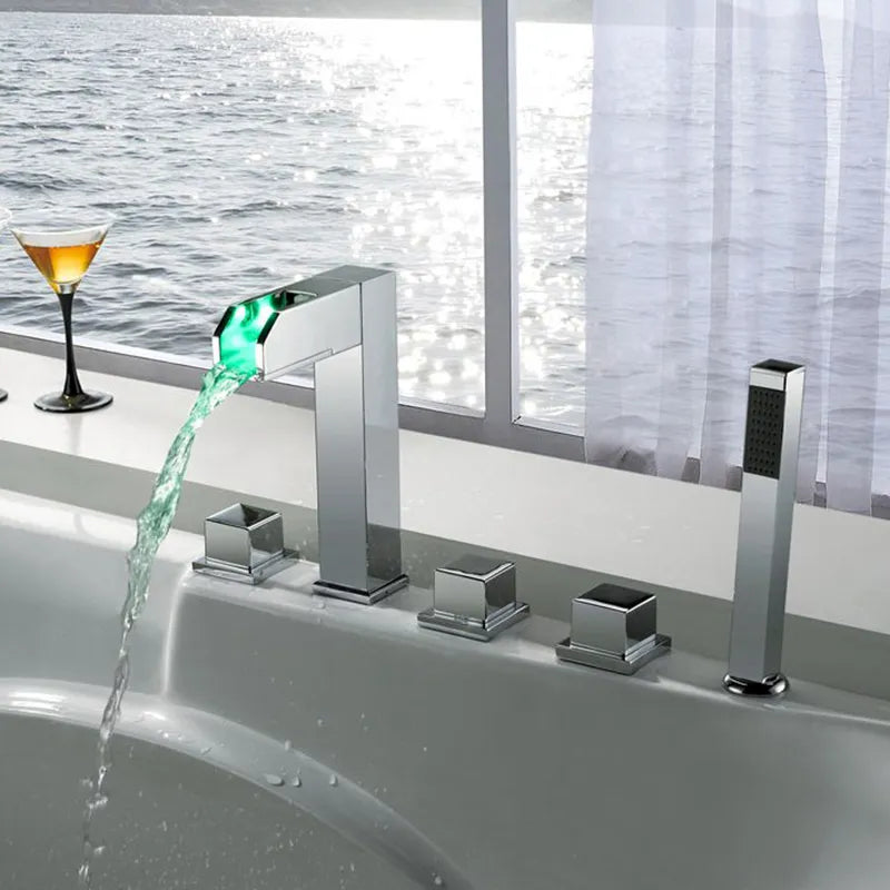 LED Waterfall Roman Tub Filler Bathroom Sink Faucet with Handshower