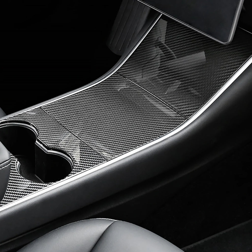 Carbon fiber center console trim for Tesla Model Y by Hansshow (HAutoPart.com).