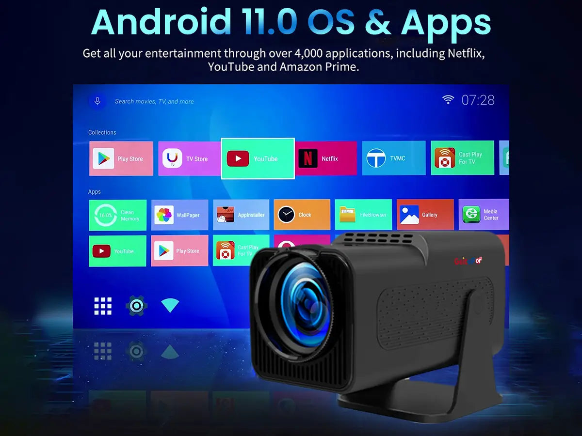 Geitepor YB1 smart projector with Android 11 OS, supporting over 4000 apps including Netflix, YouTube, Amazon Prime, and more.