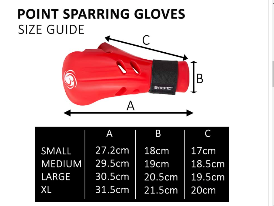 Bytomic Dip Foam Defender Adult Point Sparring Gloves Size Guide