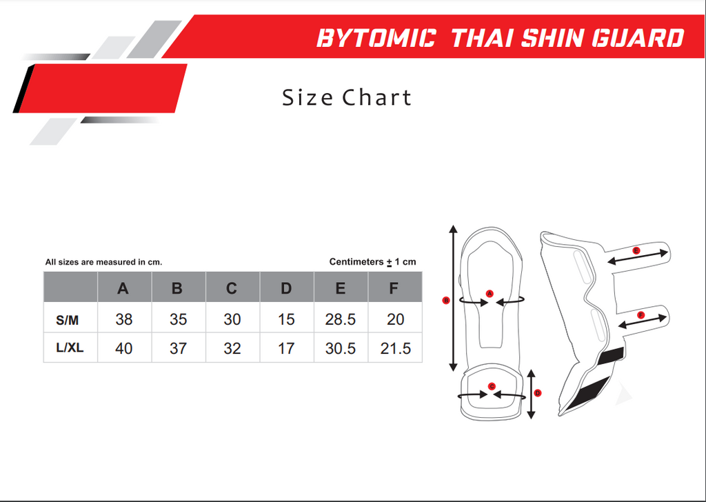 Bytomic Adults Thai shin Guards Size Guide