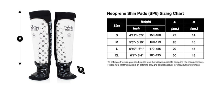 Fairtex SP6 shin guards size guide