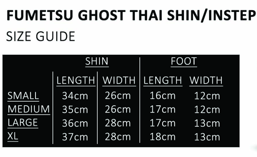 Fumetsu Ghost Thai Shin/Instep Size Guide
