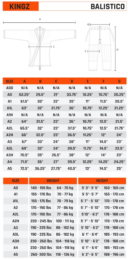 Kingz Balistico 3.0 BJJ GI Size Guide