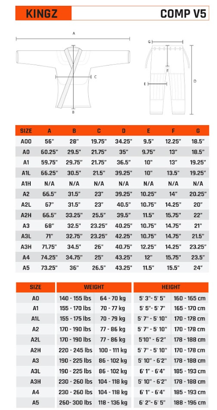 Kingz Mens Comp V5 Gi Size guide