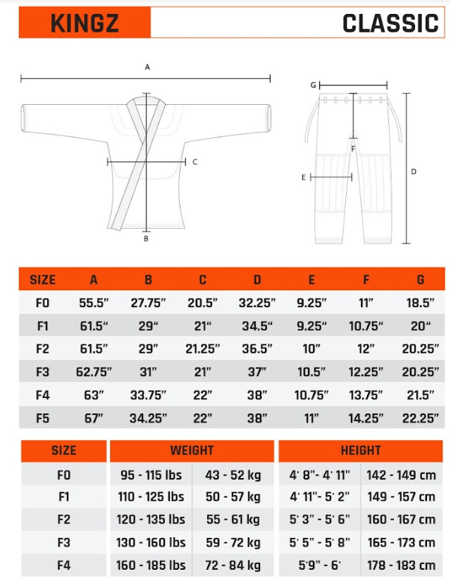 Kingz Womens Classic 3.0 BJJ GI Size Guide