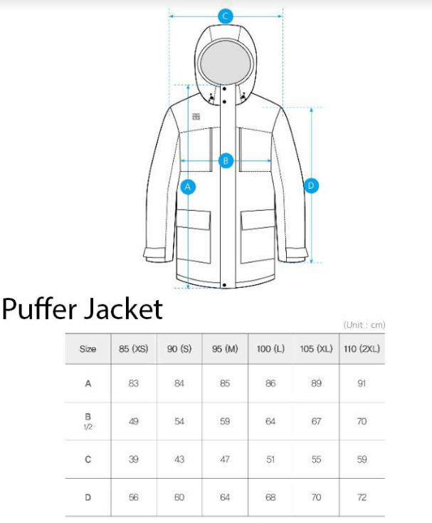 Mooto Puffer Jacket Size Guide 