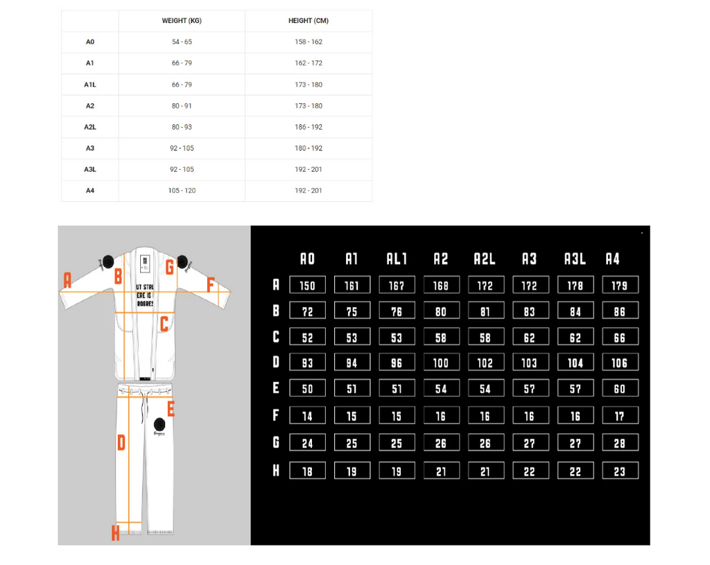 Progress Mens Gi size guide