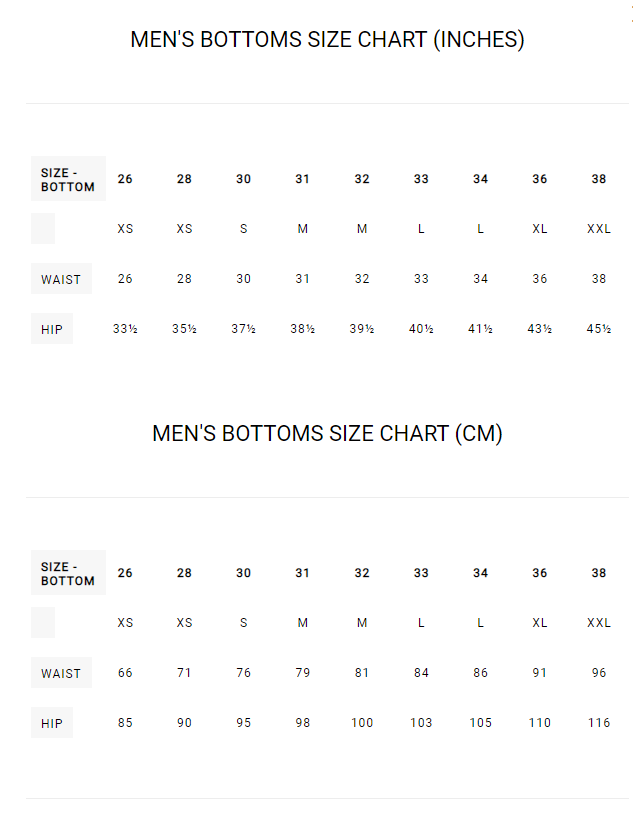 RVCA Mens Training Shorts Size Guide