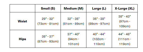 Rival Active Shorts Size Guide