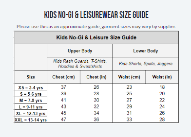 Tatami Kids No-Gi and Leisurewear Size Guide