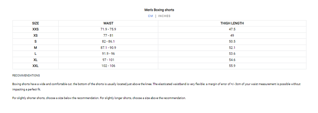 Venum Mens Boxing Shorts Size Guide