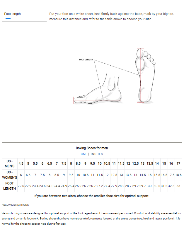 Venum Elite Boxing Shoes Size Guide