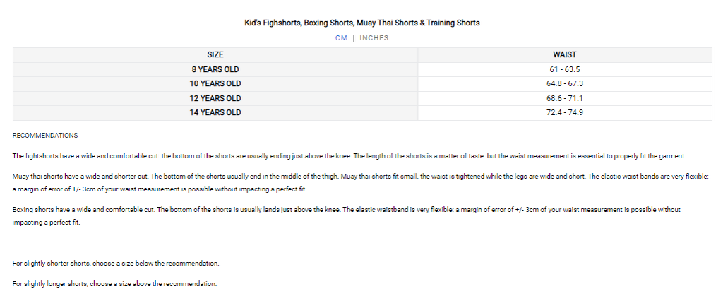 Venum Kids Fightshorts, boxing shorts, Muay Thai and Training Shorts Size Guide