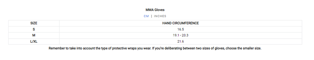 Venum MMA Gloves Size Guide