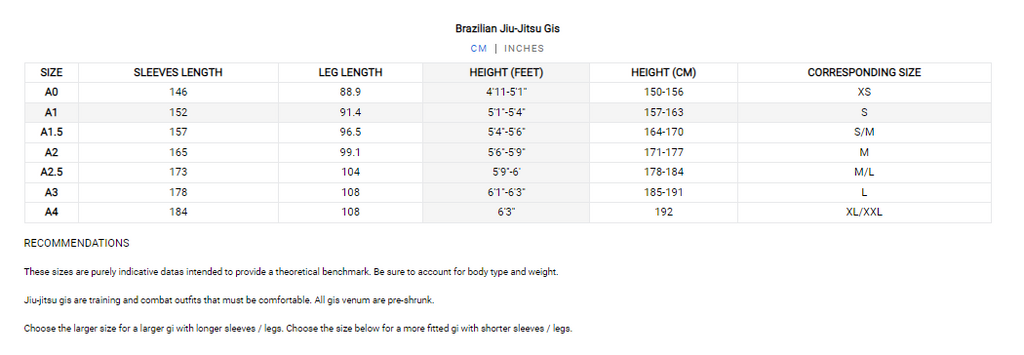 Venum Mens BJJ Gi Size Guide