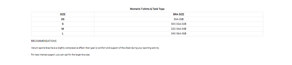 Venum Womens Sports Bra Size Chart