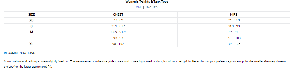 Venum Womens T-Shirts and Tank Top Size Guide