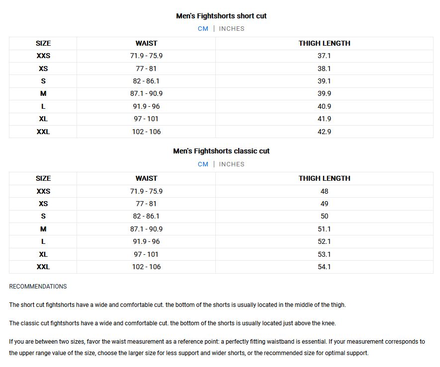 Venum Fight Shorts Size Guide