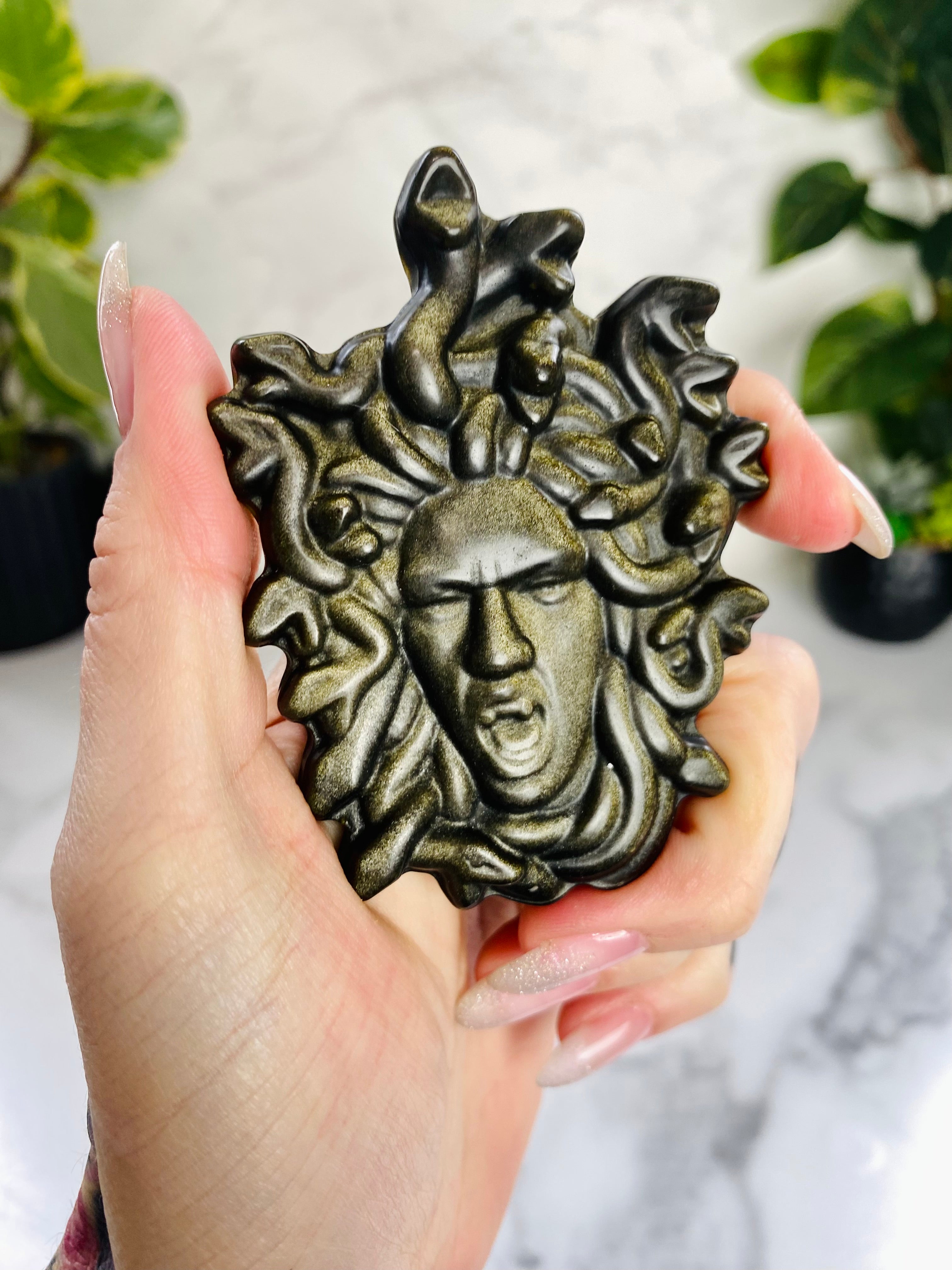 Flashy Golden Obsidian Medusa Crystal Carvings
