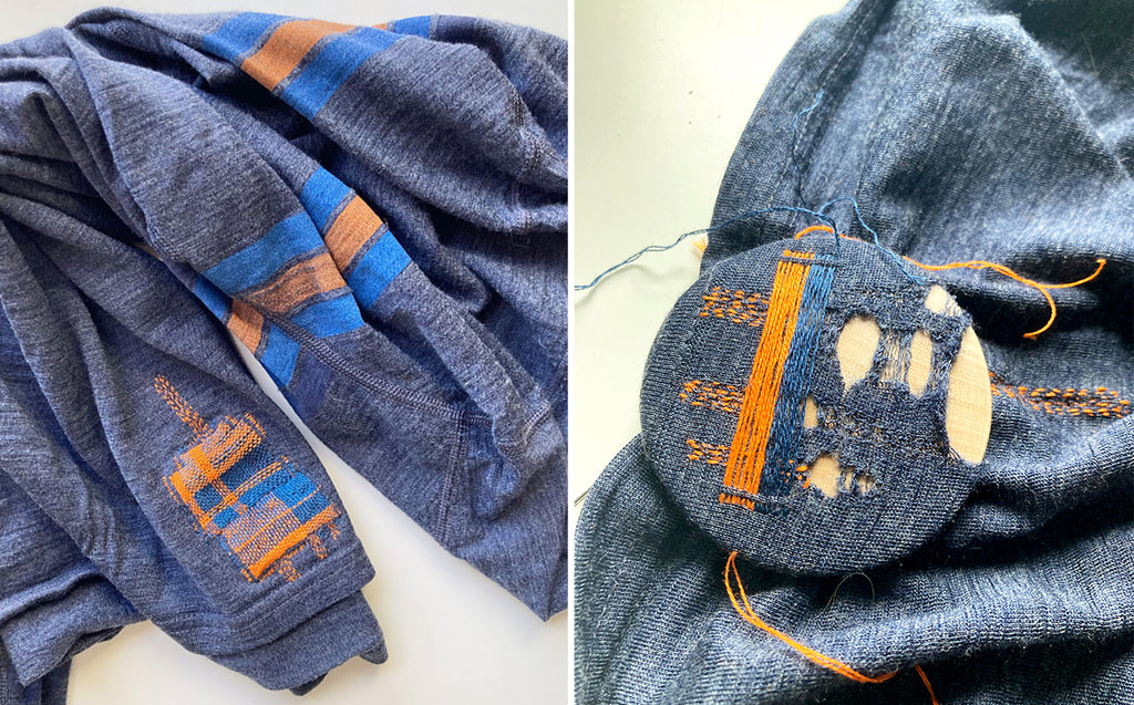 visible mending darned patch repair by slow stitch club