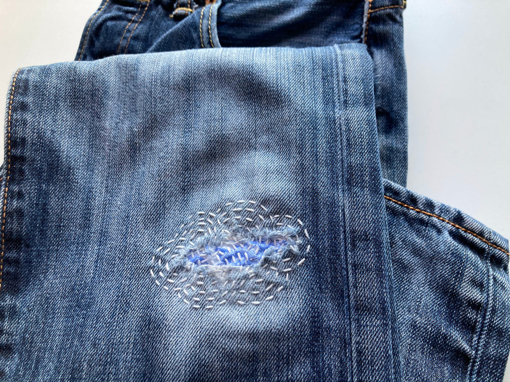 sashiko visible mending jeans by slow stitch club