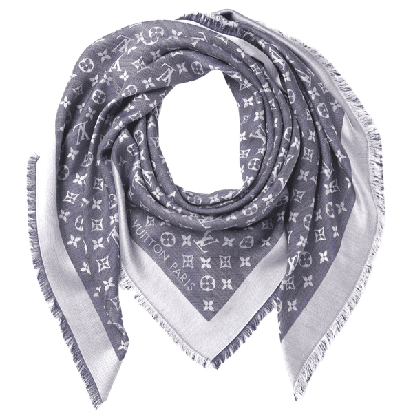 Louis Vuitton Grey Silver Griggio Azurro Monogram Logo LV Logo Silk Shawl  M76353