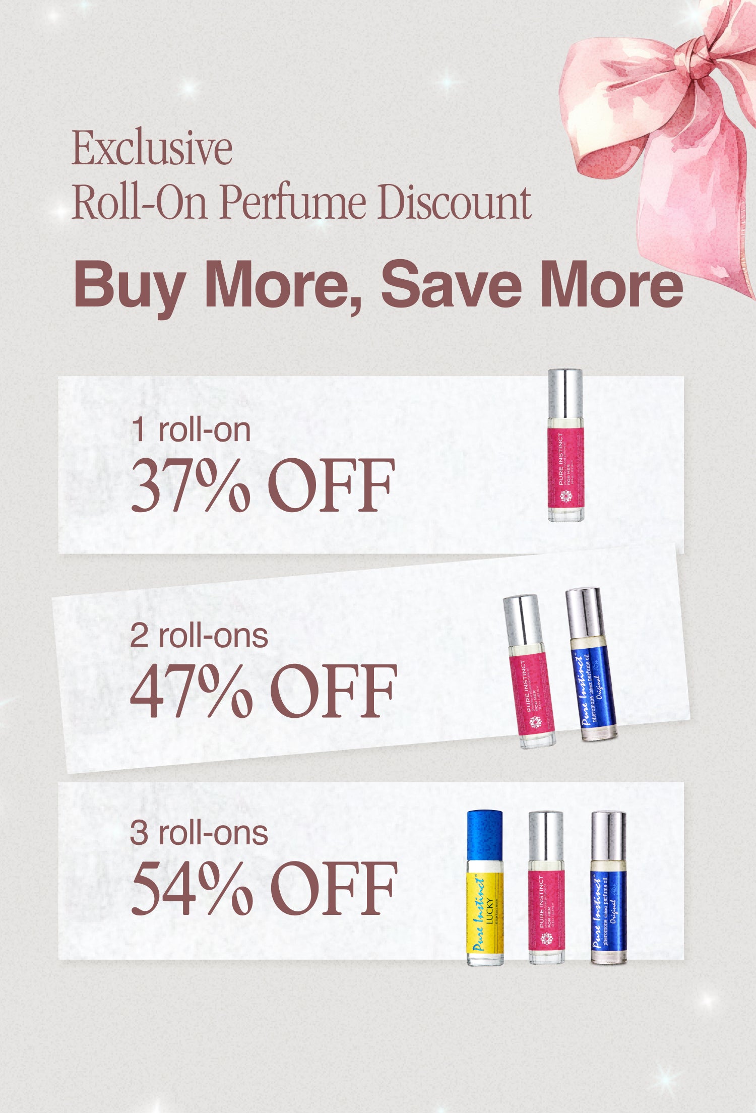 Promotional banner for Pure Instinct roll-on perfumes offering 37% off for 1, 47% off for 2, and 54% off for 3.