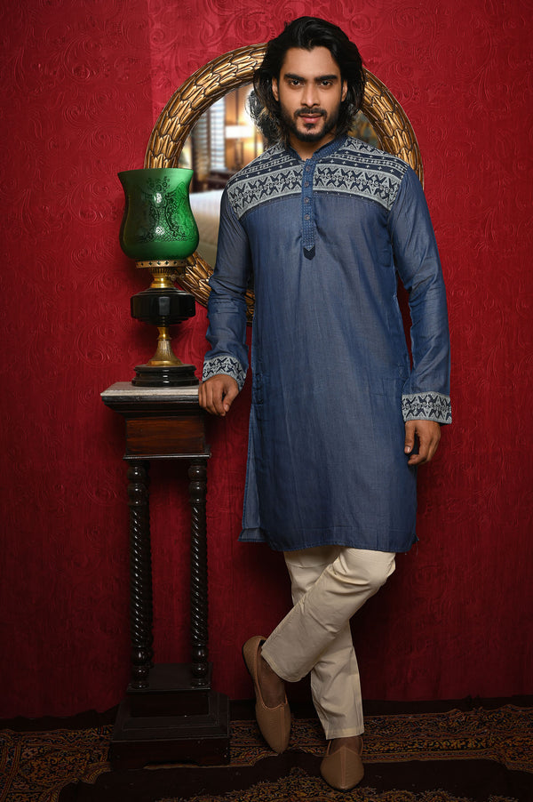 Cotton Linen Notch Neck Short Navy Kurta, GRKJBSK-922