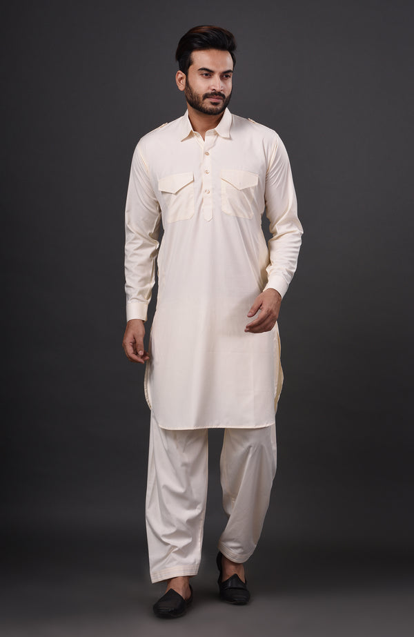 HAMSAFAR Men s White Cotton Casual Pathani Kurta and Pyjama Set