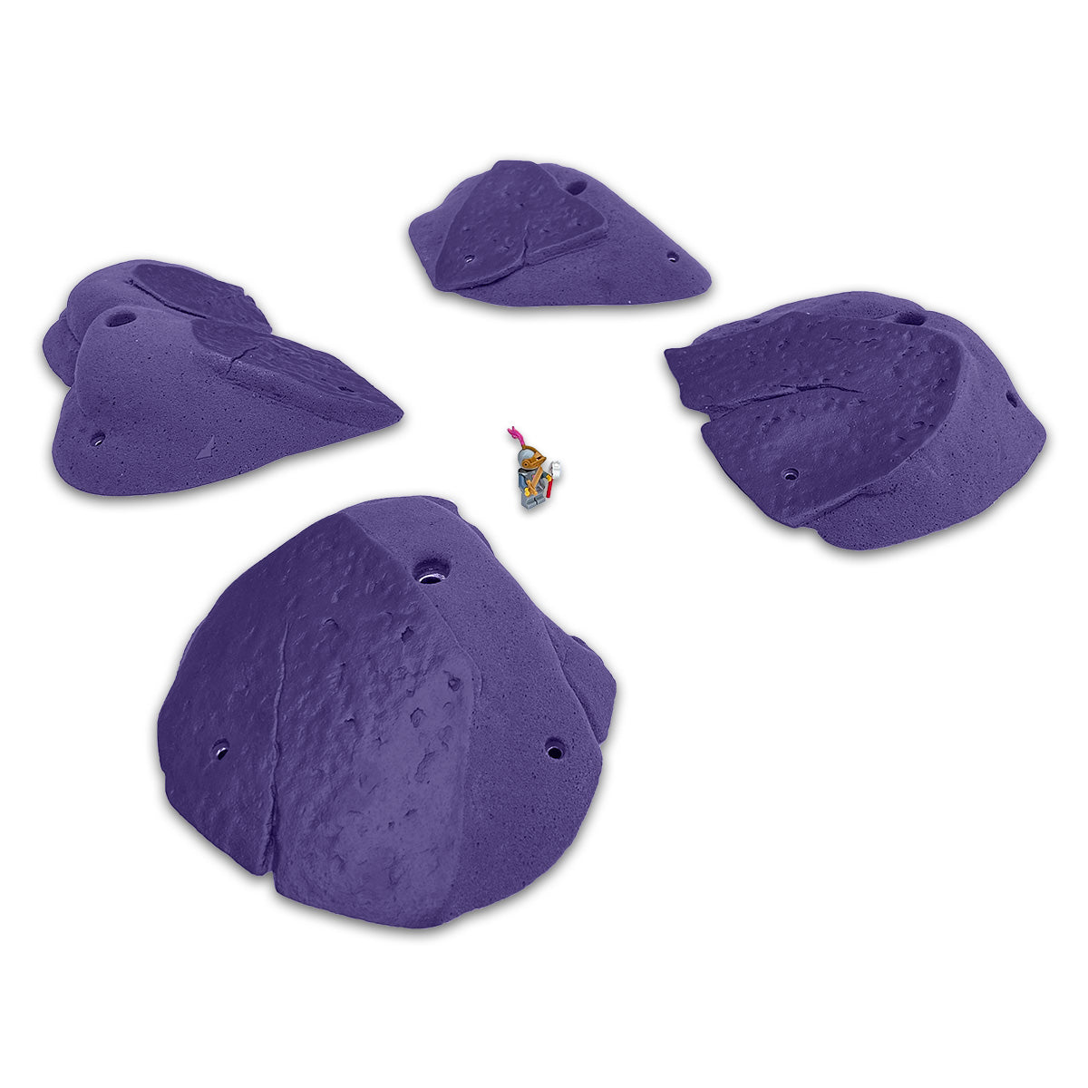 Four large purple crimps, with a natural dual texture of high friction to low friction. Featuring a lego character in the middle to reference the scale of the PU holds.