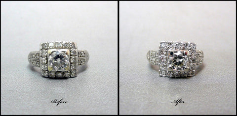 Platinum Art Deco and diamond ring restoration before and after