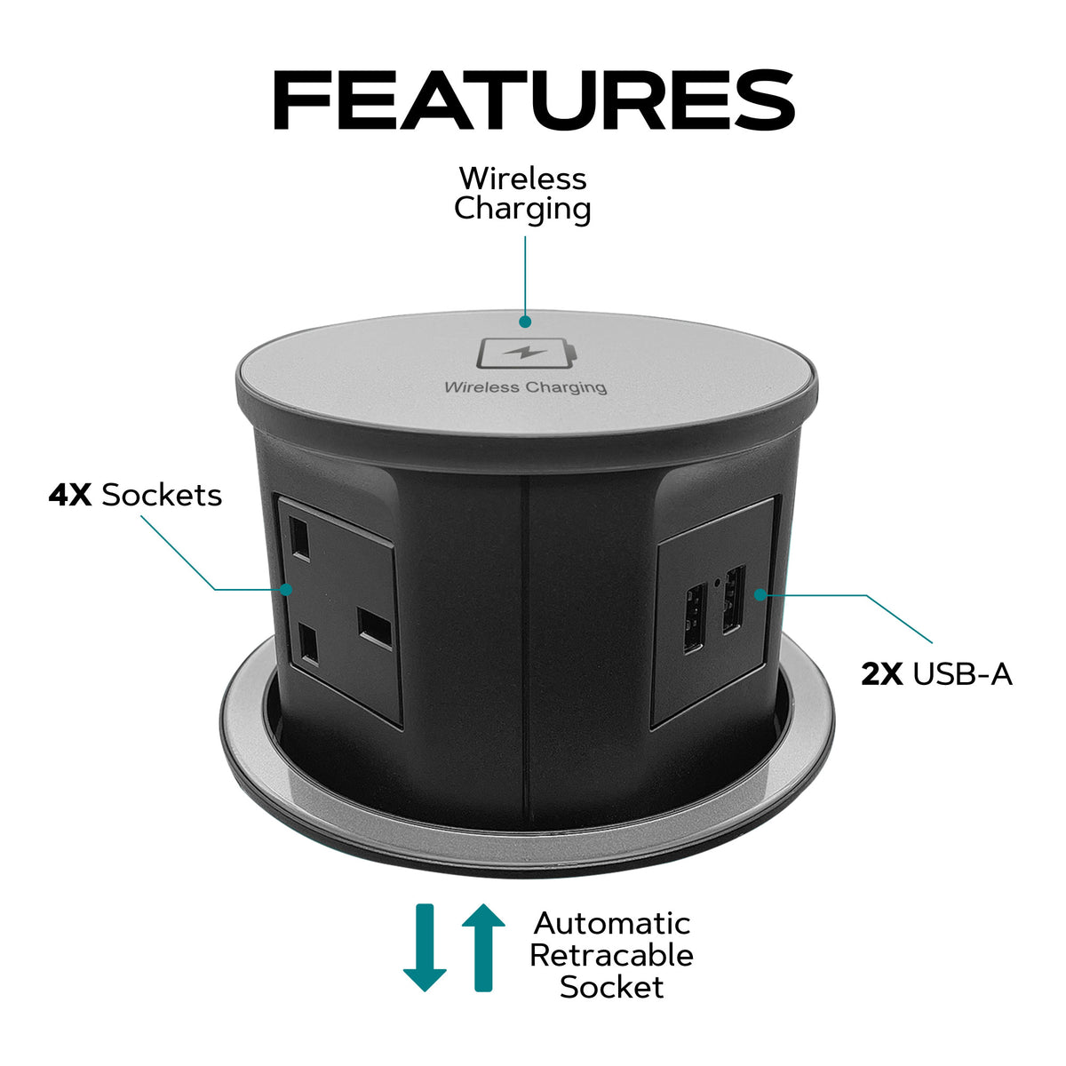 Retractable Pop Up Sockets QI Wireless Charging Pad | 4x UK Plugs | 2 USB Charging Ports | Perfect for Kitchen worktops & Desks | Cut Out Diameter: 120mm