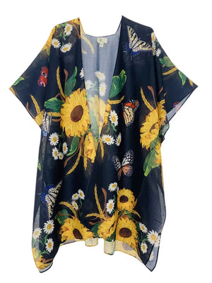 JC062700 Black-Yellow Sunflower Butterfly Kimono - JCSunnyFashion