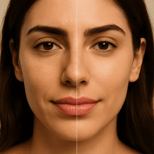 plit-face comparison showing uneven skin texture with fine lines and dryness on one side, and smooth, hydrated skin on the other