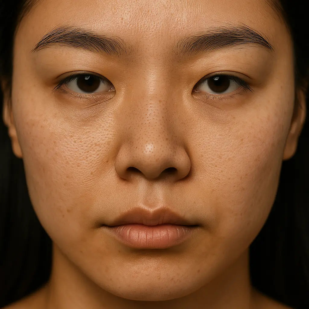Close-up of T-zone with visible blackheads and dehydrated cheeks before treatment