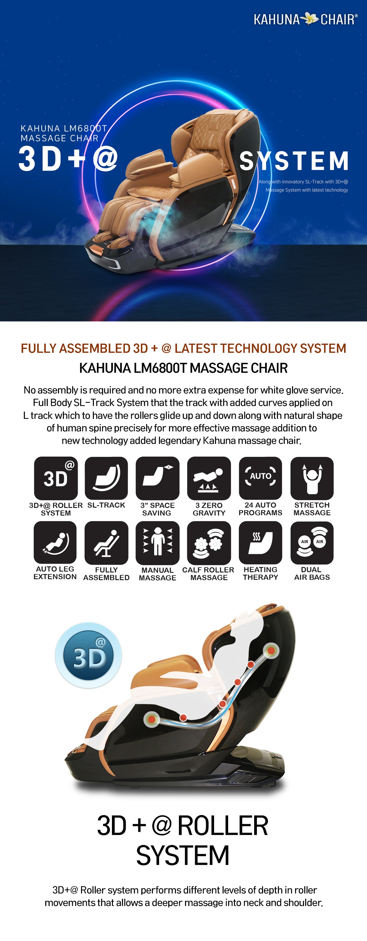 3D+@ Latest Technology SL-Track Auto Extension Kahuna Massage Chair LM-6800T